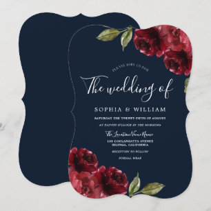 Invitation Romantique Bourgogne Rouge Rose & Mariage bleu mar