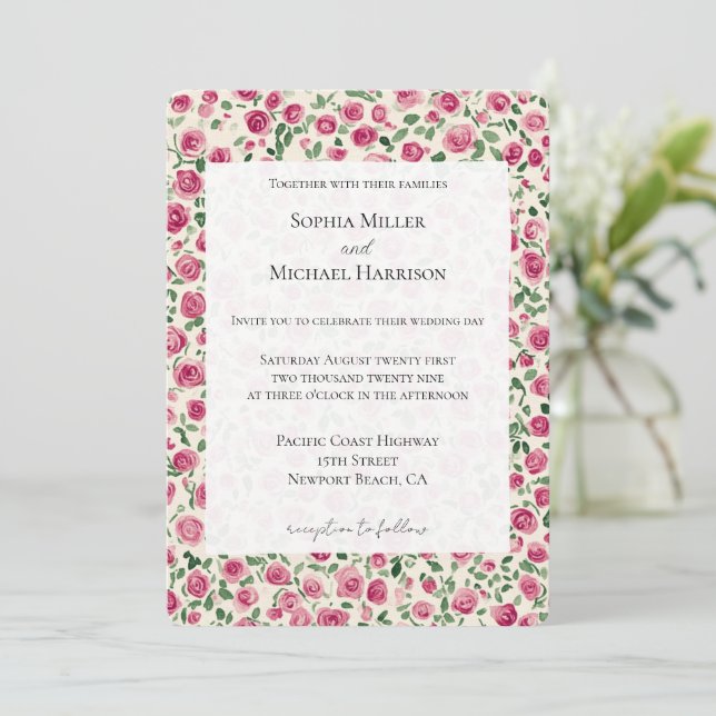 Invitation Romantique Chic Roses Rose Mariage Floral (Debout devant)