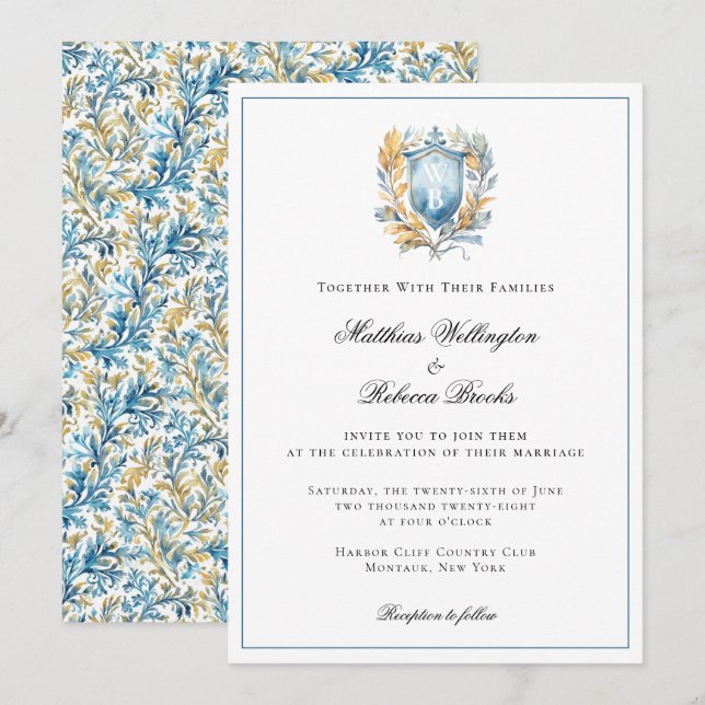 Invitation Romantique Classic Cimier Bleu Mariage Monogramme (Devant / Derrière)
