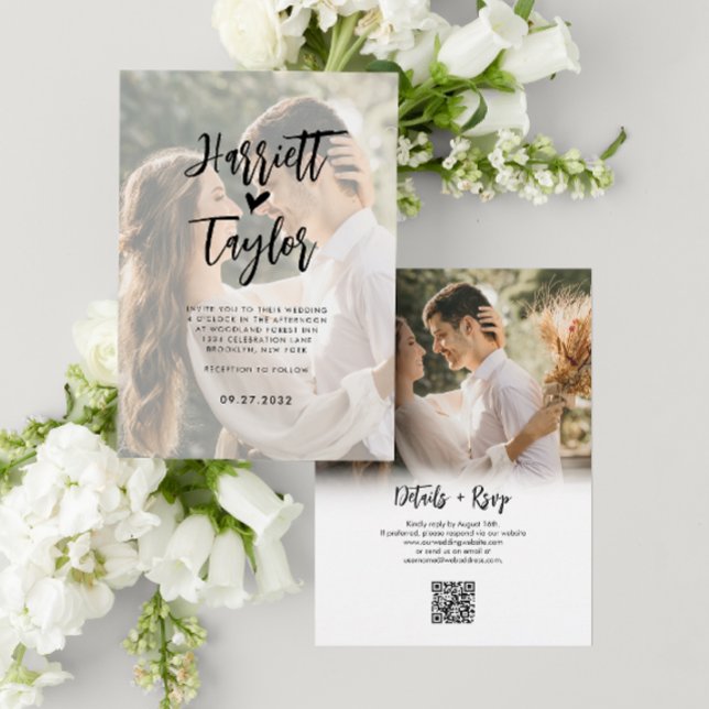 Invitation Romantique Coeur Script 2 Photo QR Code Mariage (Créateur téléchargé)