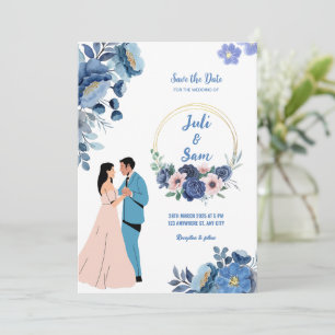 Invitation Romantique Couple Dancing Design Blue Floral Maria