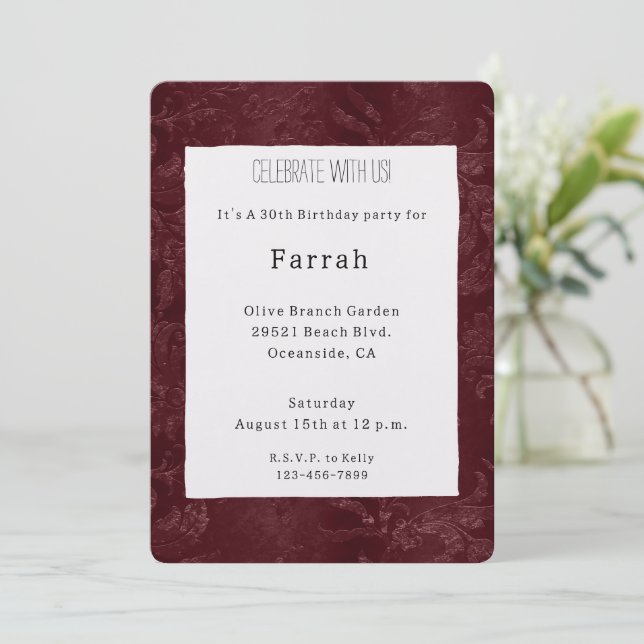 Invitation Romantique Deep Red Bourgogne Floral Anniversaire  (Debout devant)