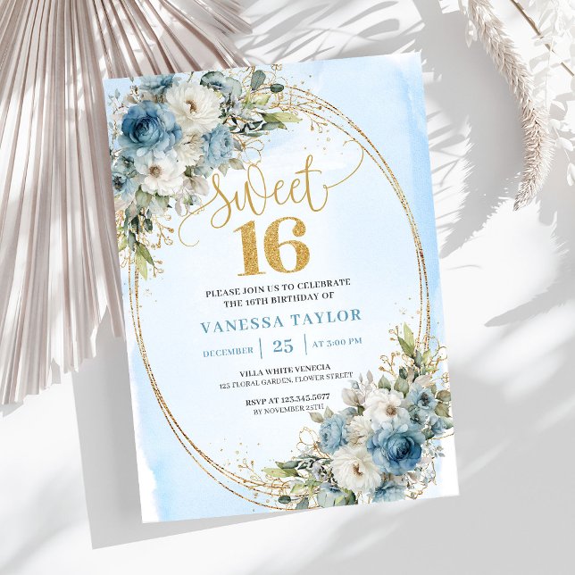 Invitation Romantique Dusty Blue et Verdure pour u (Romantic Dusty Blue Greenery Sweet Sixteen Invitation)