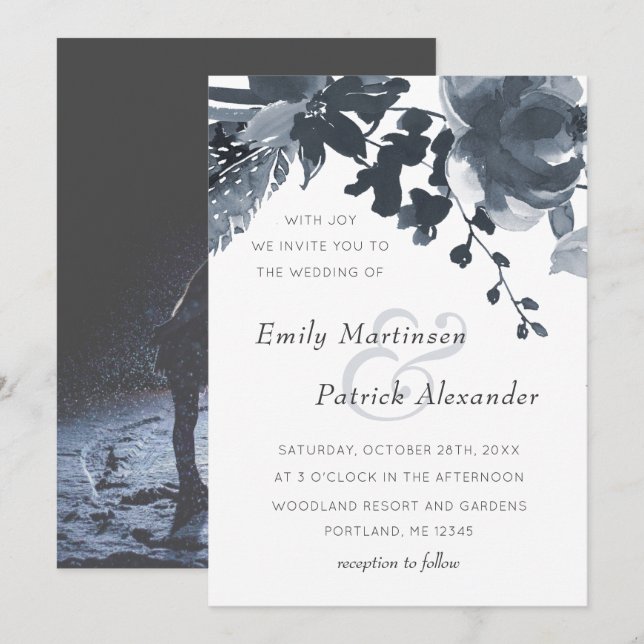 Invitation Romantique Dusty Blue Floral Mariage Photo (Devant / Derrière)