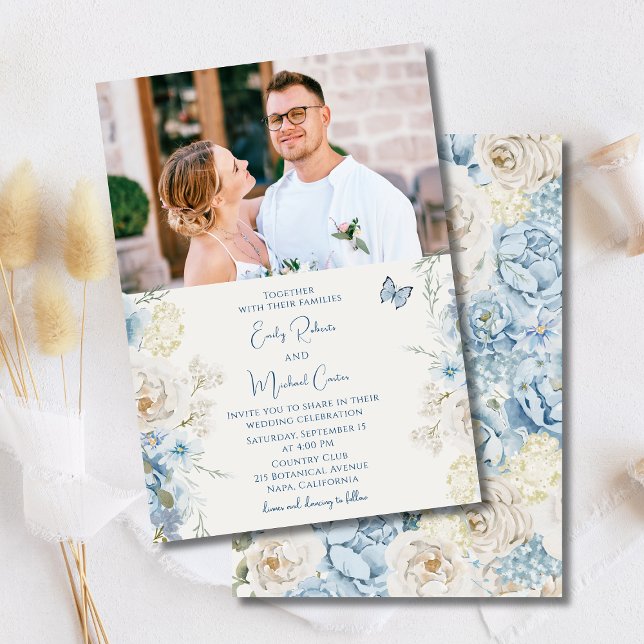 Invitation Romantique Dusty Blue Floral Mariage photo (Créateur téléchargé)