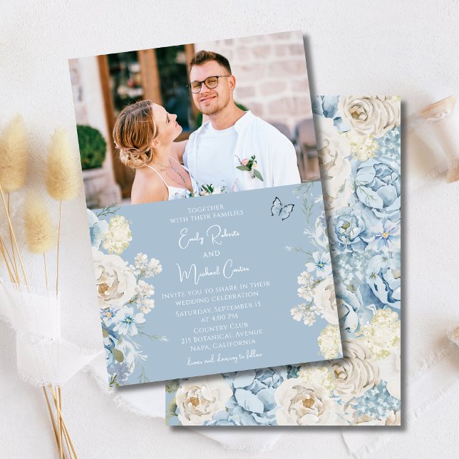 Invitation Romantique Dusty Blue Floral Mariage photo (Créateur téléchargé)