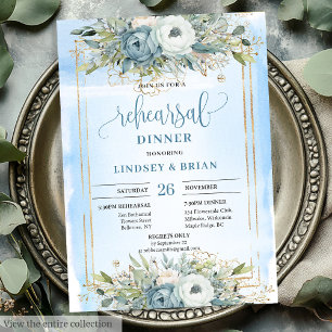 Invitation Romantique Dusty Blue Peonies Gold Frame Dinner Ca