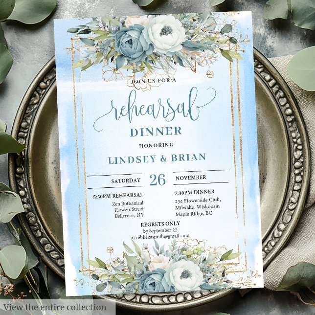Invitation Romantique Dusty Blue Peonies Gold Frame Dinner Ca (Romantic Dusty Blue Peonies Gold Frame Dinner Card)