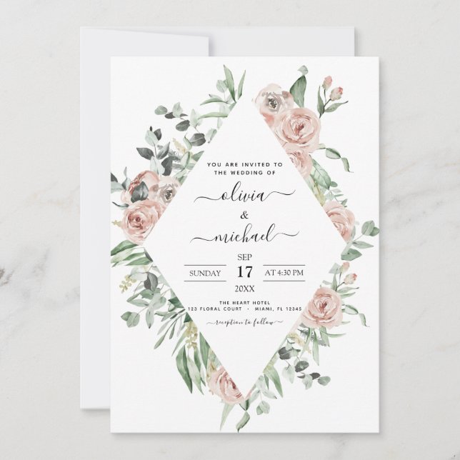 Invitation Romantique Dusty rose Photo Mariage Eucalyptus (Devant)