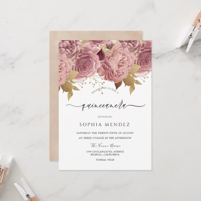 Invitation Romantique Dusty Roses Blush Quinceanera Party (Devant/Arrière en situation)
