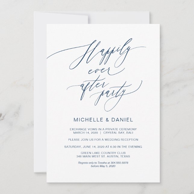 Invitation Romantique Écriture Bleu Marine, Mariage en Elopem (Devant)