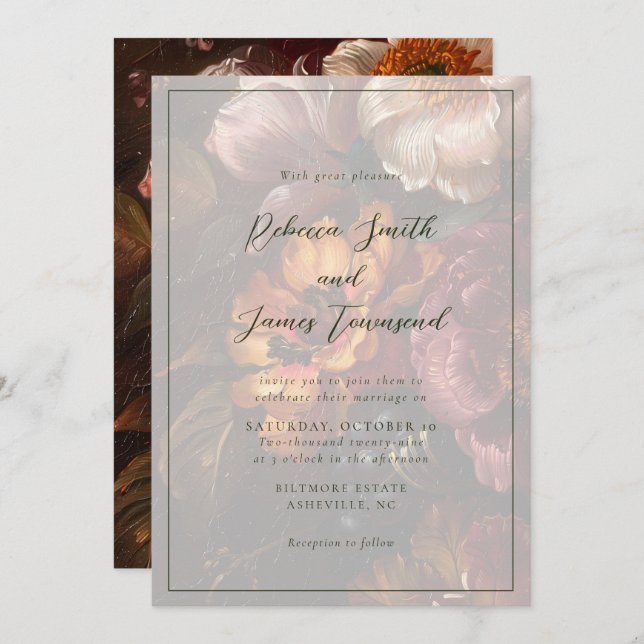 Invitation Romantique Elegant Art Floral Peinture Mariage (Devant / Derrière)