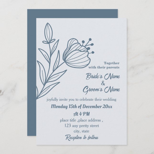 Invitation Romantique élégant bleu foncé mariage (Devant / Derrière)