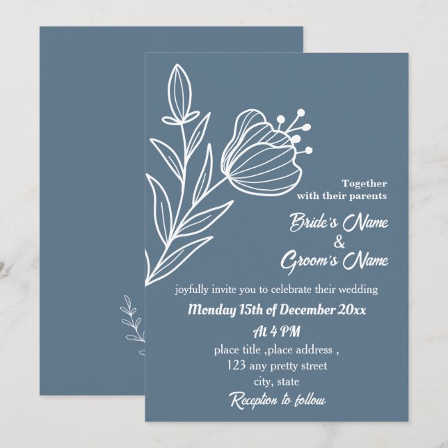 Invitation Romantique élégant bleu foncé mariage (Devant / Derrière)