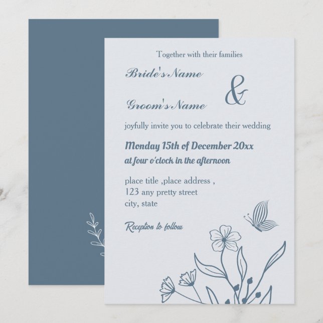 Invitation Romantique élégant bleu foncé mariage (Devant / Derrière)