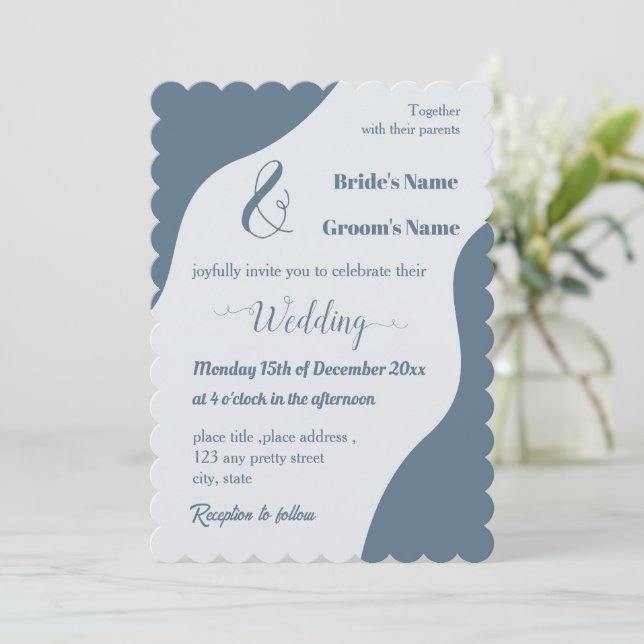 Invitation Romantique élégant bleu mariage (Debout devant)