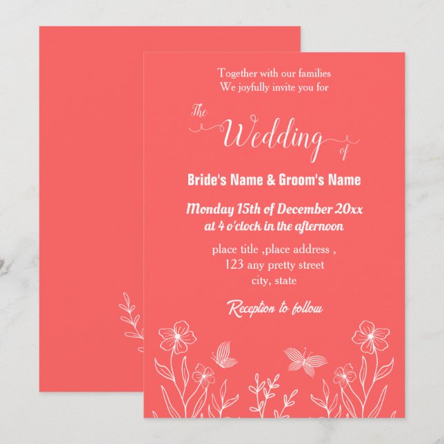 Invitation Romantique élégant corail rose mariage floral (Devant / Derrière)