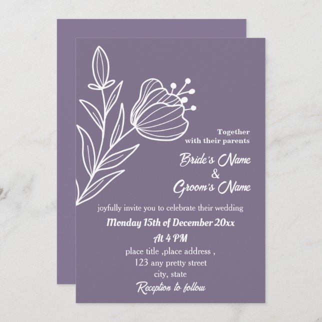 Invitation Romantique élégant mariage floral mauve (Devant / Derrière)