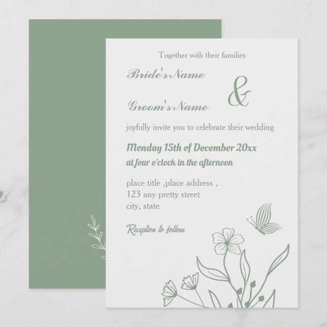 Invitation Romantique élégant mariage floral vert sauge (Devant / Derrière)