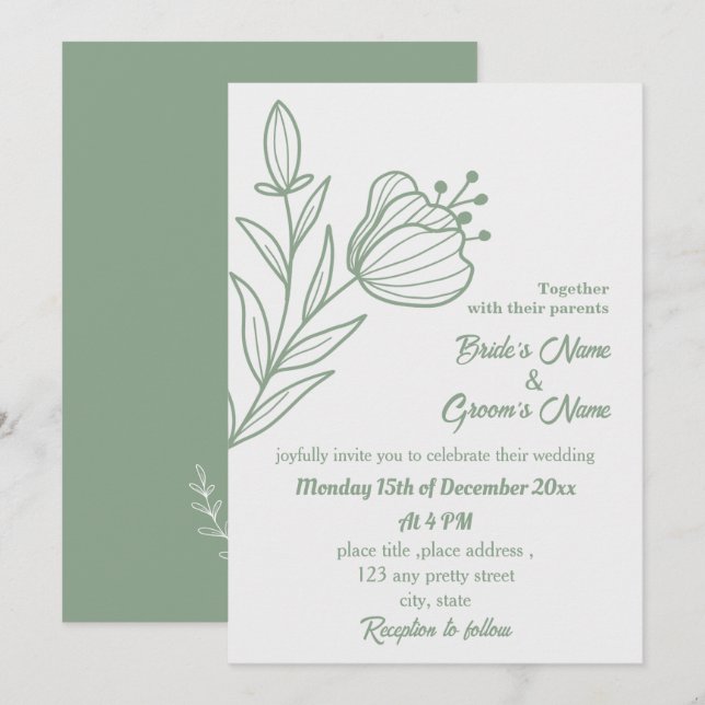 Invitation Romantique élégant mariage floral vert sauge (Devant / Derrière)