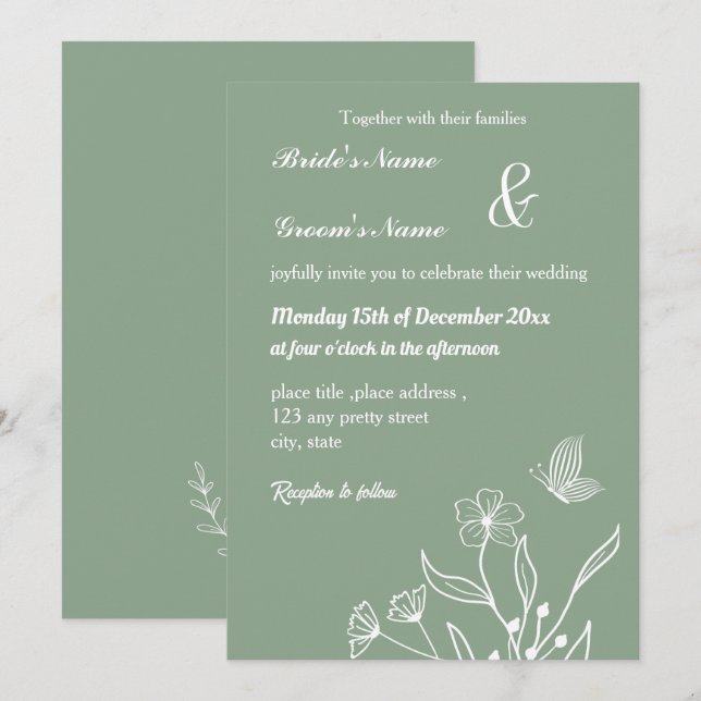 Invitation Romantique élégant mariage floral vert sauge (Devant / Derrière)