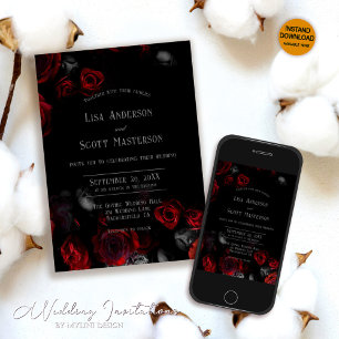 Invitation Romantique Elégant noir rouge Mariage Floral