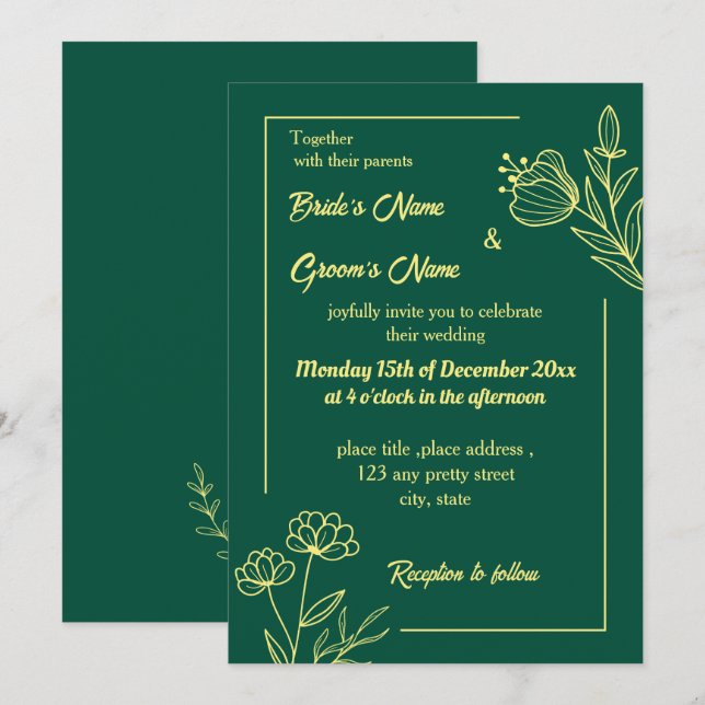 Invitation Romantique élégant or fleur vert émeraude (Devant / Derrière)