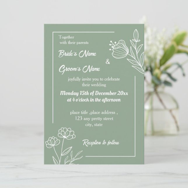 Invitation Romantique élégant sage vert floral (Debout devant)