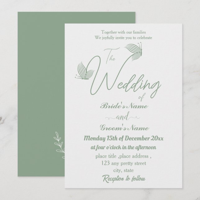Invitation Romantique élégant sauge vert papillons mariage (Devant / Derrière)