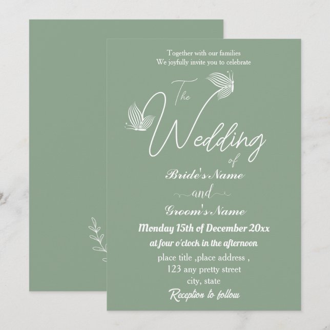 Invitation Romantique élégant sauge vert papillons mariage (Devant / Derrière)