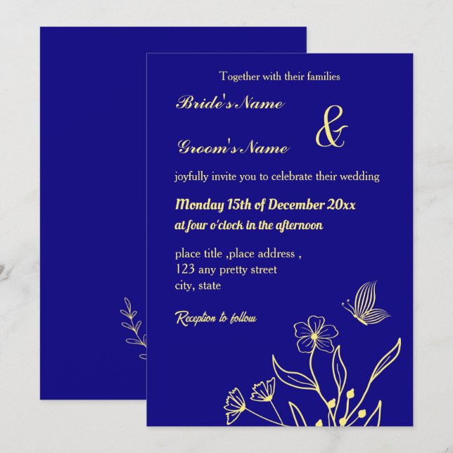 Invitation Romantique élégante fleur d'or bleu royal (Devant / Derrière)