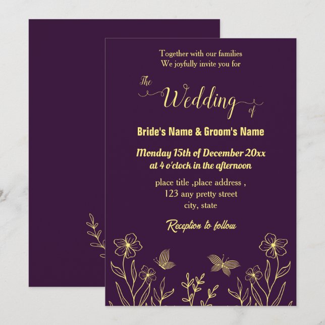 Invitation Romantique élégante fleur d'or violet (Devant / Derrière)
