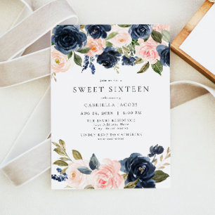 Invitation Romantique et douce Marine Blush Floral Sweet 16