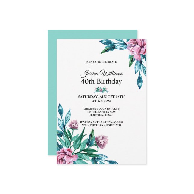 Invitation Romantique Feminine Floral 40e anniversaire (Devant/Arrière en situation)