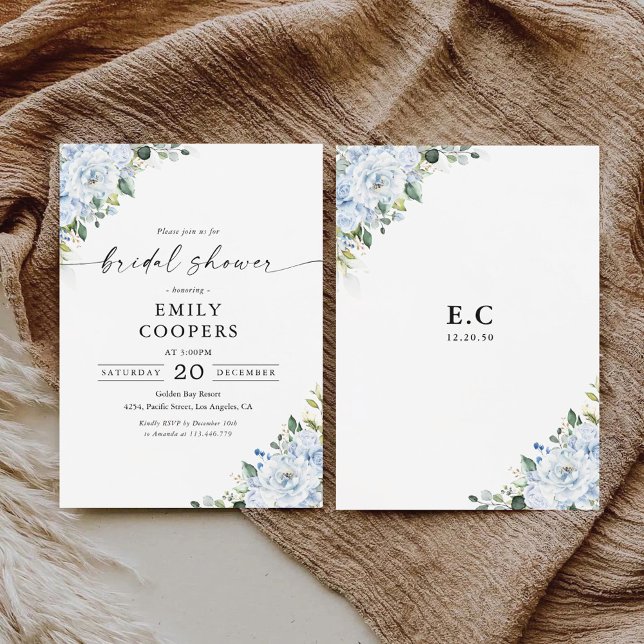 Invitation Romantique Fête de Mariage Fleurie Bleue Clair (Créateur téléchargé)