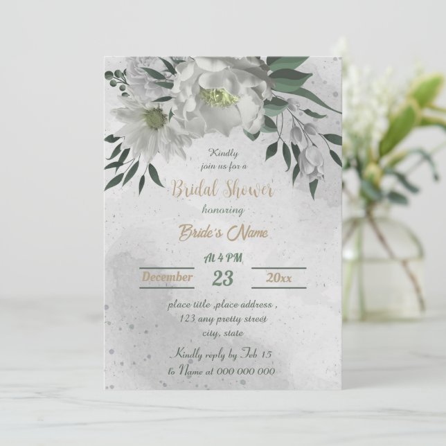 Invitation romantique fleurs blanches botanique douche nuptia (Debout devant)