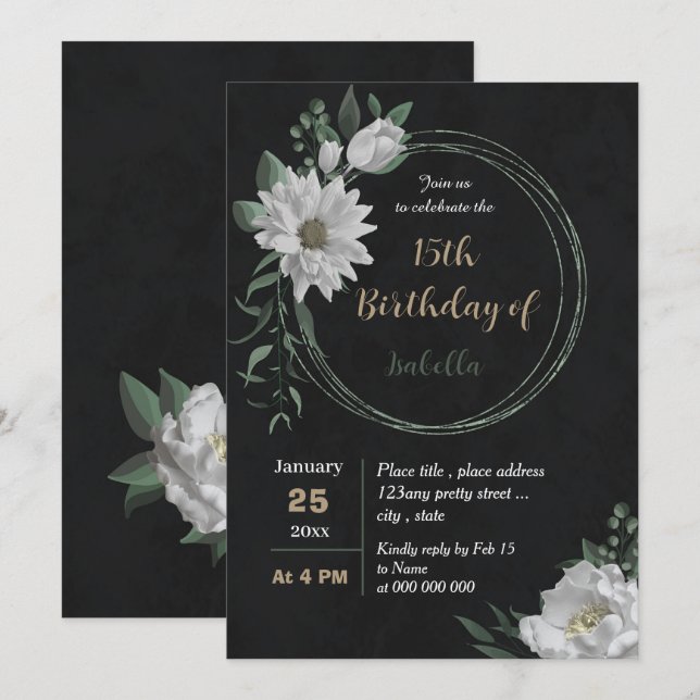 Invitation romantique fleurs blanches botanique noir annivers (Devant / Derrière)