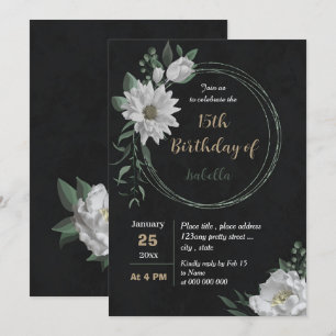Invitation romantique fleurs blanches botanique noir annivers