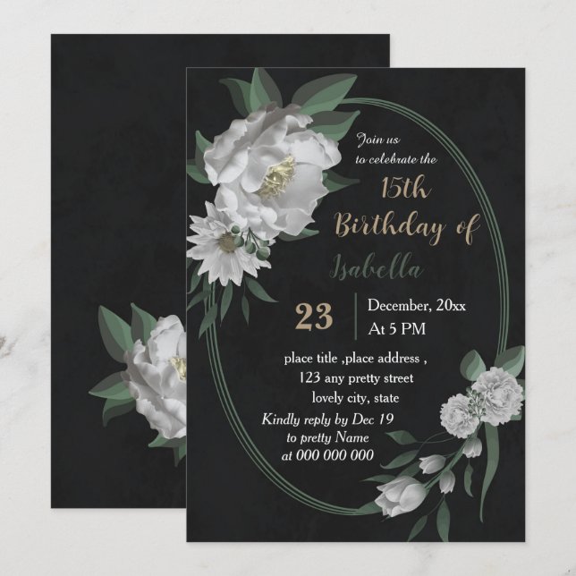 Invitation romantique fleurs blanches botanique noir annivers (Devant / Derrière)