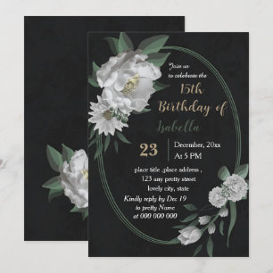 Invitation romantique fleurs blanches botanique noir annivers