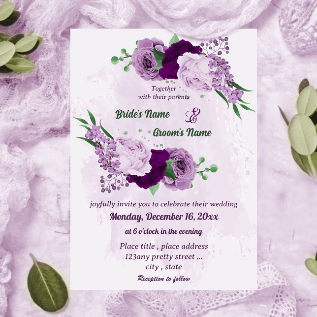 Invitation Romantique fleurs violet vert mariage (Créateur téléchargé)