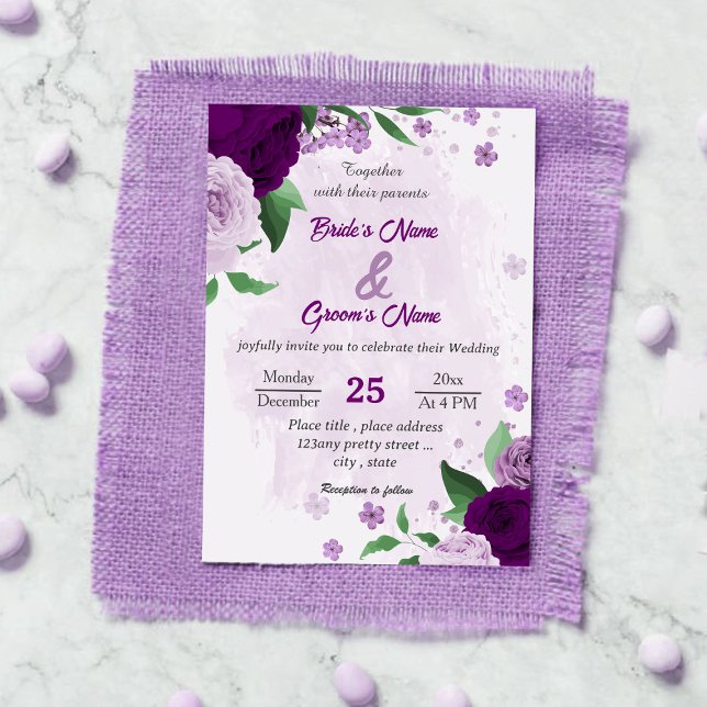 Invitation Romantique fleurs violet vert mariage (Créateur téléchargé)