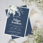 Invitation Romantique floral blanc fleurs douces bleu mariage<br><div class="desc">Créez la suite Mariage parfaite avec cette faire-part de mariage romantique et magnifique avec un délicat bouquet d'aquarelle avec des fleurs douces blanches, sur la verdure, et d'autres feuillages botaniques sur le coin supérieur gauche, sur un arrière - plan bleu prussien clair élégant. Modifiez facilement les champs modèles pour ajouter...</div>