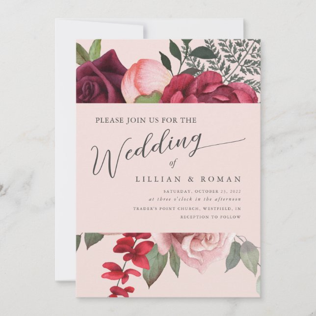 Invitation Romantique Floral Briquet Mariage rose (Devant)