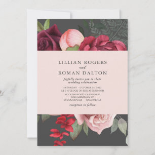 Invitation Romantique Floral Briquet Mariage rose et gris