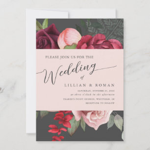 Invitation Romantique Floral Briquet Mariage rose et gris