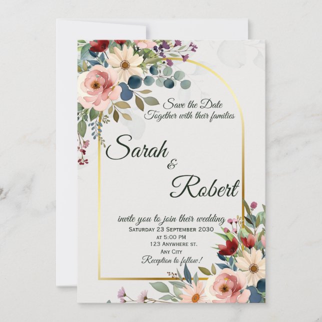 Invitation Romantique Floral Doré Arche Mariage Sauvegarder L (Devant)