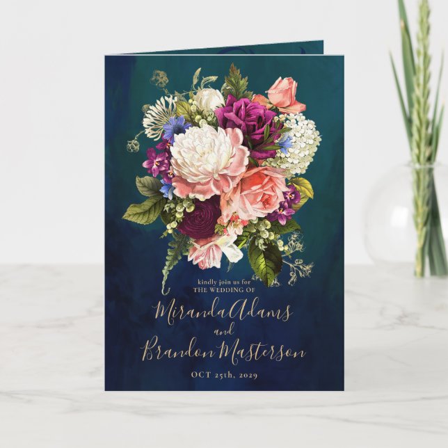 Invitation Romantique Floral Emerald Green Mariage or (Devant)