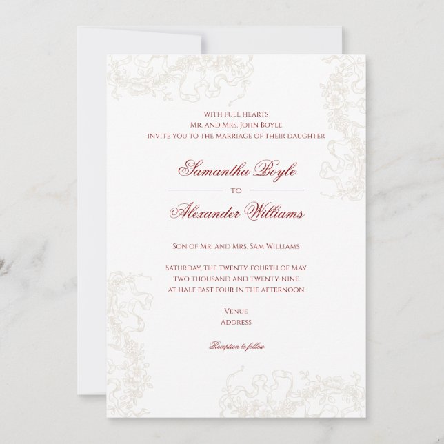 Invitation Romantique Floral Français Rococo Maroon Mariage (Devant)