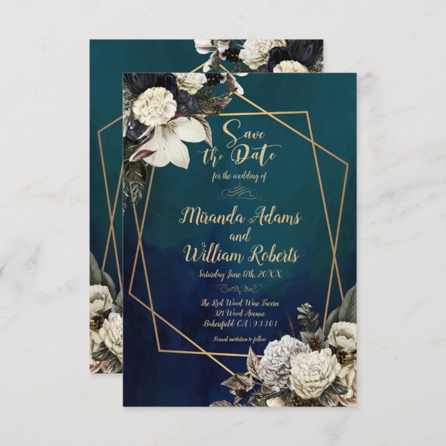Invitation Romantique Floral Gold Wreath Enregistrer la date  (Devant / Derrière)